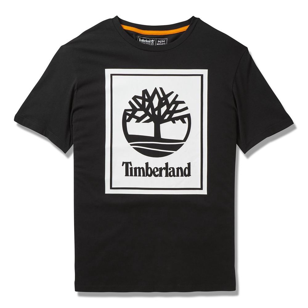 Camisetas Timberland Hombre Short-Sleeve Logo Negras/Blancas - Chile GTI-368470